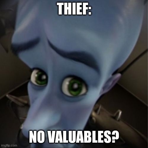 Megamind peeking | THIEF:; NO VALUABLES? | image tagged in megamind peeking | made w/ Imgflip meme maker