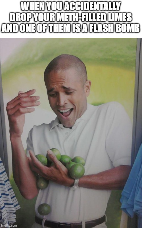 . | WHEN YOU ACCIDENTALLY DROP YOUR METH-FILLED LIMES AND ONE OF THEM IS A FLASH BOMB | image tagged in memes,why can't i hold all these limes | made w/ Imgflip meme maker