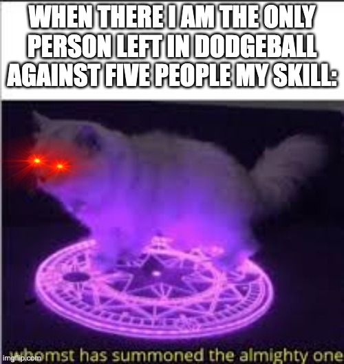 Whomst has Summoned the almighty one | WHEN THERE I AM THE ONLY PERSON LEFT IN DODGEBALL AGAINST FIVE PEOPLE MY SKILL: | image tagged in whomst has summoned the almighty one | made w/ Imgflip meme maker