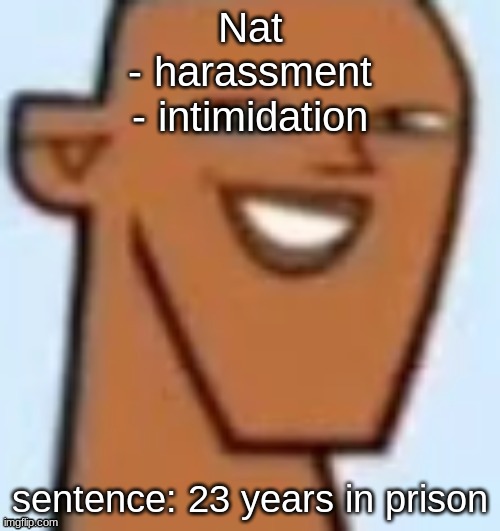 justin | Nat
- harassment
- intimidation; sentence: 23 years in prison | image tagged in justin | made w/ Imgflip meme maker