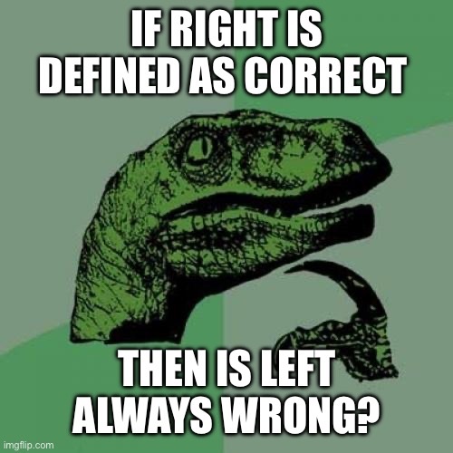 Philosoraptor | IF RIGHT IS DEFINED AS CORRECT; THEN IS LEFT ALWAYS WRONG? | image tagged in memes,philosoraptor | made w/ Imgflip meme maker