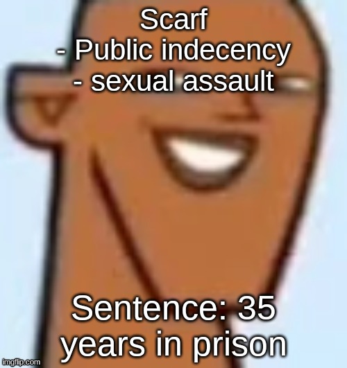 justin | Scarf
- Public indecency
- sexual assault; Sentence: 35 years in prison | image tagged in justin | made w/ Imgflip meme maker