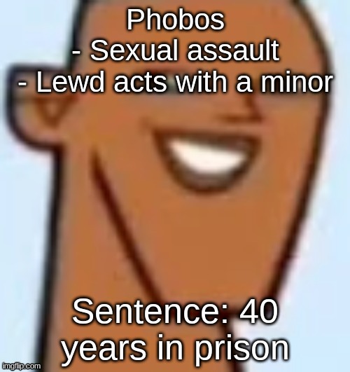 justin | Phobos
- Sexual assault
- Lewd acts with a minor; Sentence: 40 years in prison | image tagged in justin | made w/ Imgflip meme maker