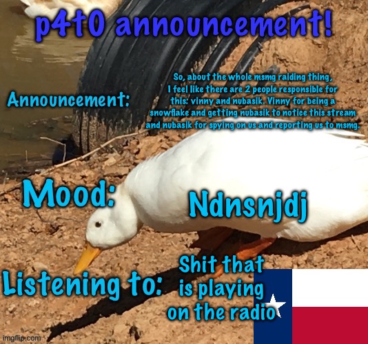 p4t0 announcement temp | So, about the whole msmg raiding thing, I feel like there are 2 people responsible for this: vinny and nubasik. Vinny for being a snowflake and getting nubasik to notice this stream and nubasik for spying on us and reporting us to msmg. Ndnsnjdj; Shit that is playing on the radio | image tagged in p4t0 announcement temp | made w/ Imgflip meme maker
