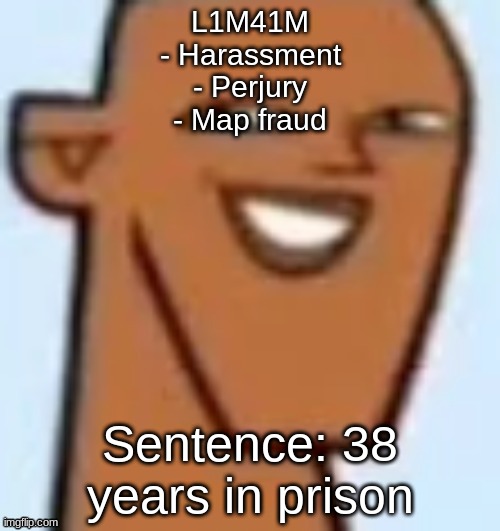 justin | L1M41M
- Harassment
- Perjury
- Map fraud; Sentence: 38 years in prison | image tagged in justin | made w/ Imgflip meme maker