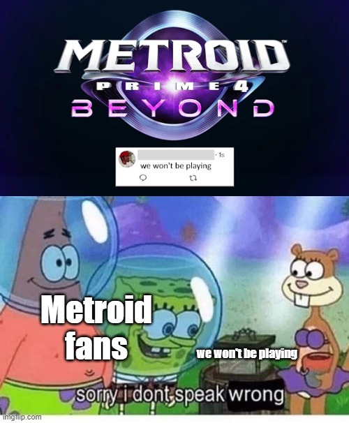 That guy has an L Take. | Metroid fans; we won't be playing | image tagged in sorry i dont speak wrong,metroid,metroid prime 4 | made w/ Imgflip meme maker