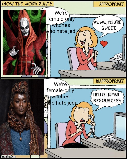 hello human resources | We're female-only witches who hate jedi; We're female-only witches who hate jedi | image tagged in hello human resources | made w/ Imgflip meme maker