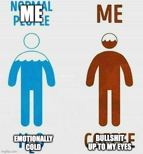 What I am is what I am, are you what you are or what? | ME; EMOTIONALLY COLD; BULLSHIT UP TO MY EYES | image tagged in water,coffee,emotional,bullshit | made w/ Imgflip meme maker