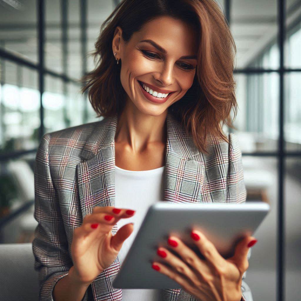 Woman smiling holding a tablet Blank Meme Template