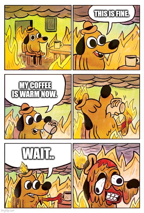 Hotdog (literally) | THIS IS FINE. MY COFFEE IS WARM NOW. WAIT.. | image tagged in this is fine dog | made w/ Imgflip meme maker