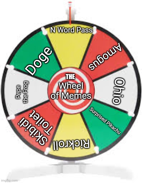 Wheel of Memes | N Word Pass; Amogus; Doge; Wheel of Memes; Ohio; THE; Pepe the Frog; Skibidi Toilet; Surprised Pikachu; Rickroll | image tagged in spinning wheel,funny,memes | made w/ Imgflip meme maker