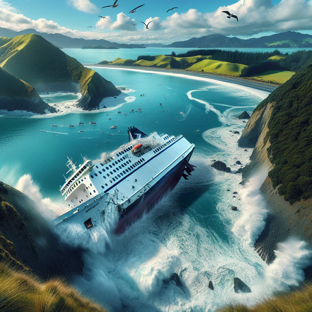 ferry run aground against new zealand green coastline Blank Meme Template