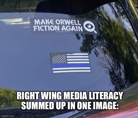 Speaking as someone who’s read the book, this is a perfect example of doublethink. | RIGHT WING MEDIA LITERACY SUMMED UP IN ONE IMAGE: | image tagged in 1984,george orwell,blue lives matter,acab,police brutality,fascism | made w/ Imgflip meme maker