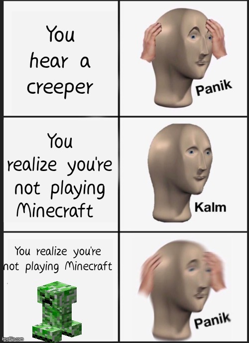 I need points =sad emoji= | You hear a creeper; You realize you're not playing Minecraft; You realize you're not playing Minecraft | image tagged in memes,panik kalm panik,minecraft memes,creeper,funny,funny memes | made w/ Imgflip meme maker