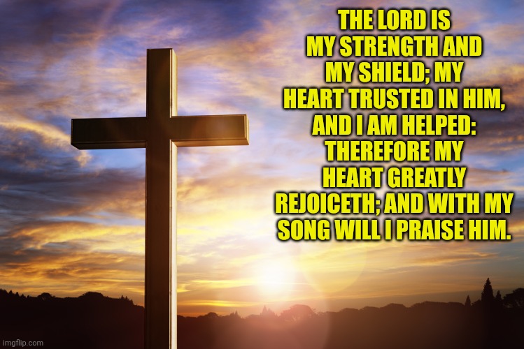 Bible Verse of the Day | THE LORD IS MY STRENGTH AND MY SHIELD; MY HEART TRUSTED IN HIM, AND I AM HELPED: THEREFORE MY HEART GREATLY REJOICETH; AND WITH MY SONG WILL I PRAISE HIM. | image tagged in bible verse of the day | made w/ Imgflip meme maker