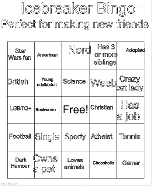 Meet your new bestie with bingo! Comment your bingo and meet someone with a similar card!!! | Icebreaker Bingo; Perfect for making new friends; Nerd; Adopted; Has 3 or more siblings; American; Star Wars fan; Science; British; Crazy cat lady; Young adult/adult; Weeb; Christian; LGBTQ+; Has a job; Bookworm; Football; Single; Tennis; Sporty; Atheist; Owns a pet; Gamer; Dark Humour; Loves animals; Chocoholic | image tagged in blank bingo | made w/ Imgflip meme maker