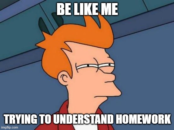 this is awesome!!! | BE LIKE ME; TRYING TO UNDERSTAND HOMEWORK | image tagged in memes,futurama fry | made w/ Imgflip meme maker