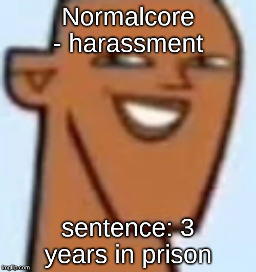 justin | Normalcore
- harassment; sentence: 3 years in prison | image tagged in justin | made w/ Imgflip meme maker