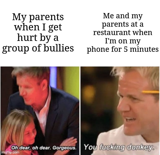 That's how life is, isn't it? | Me and my parents at a restaurant when I'm on my phone for 5 minutes; My parents when I get hurt by a group of bullies | image tagged in gordon ramsay kids vs adults,memes,funny,relatable | made w/ Imgflip meme maker