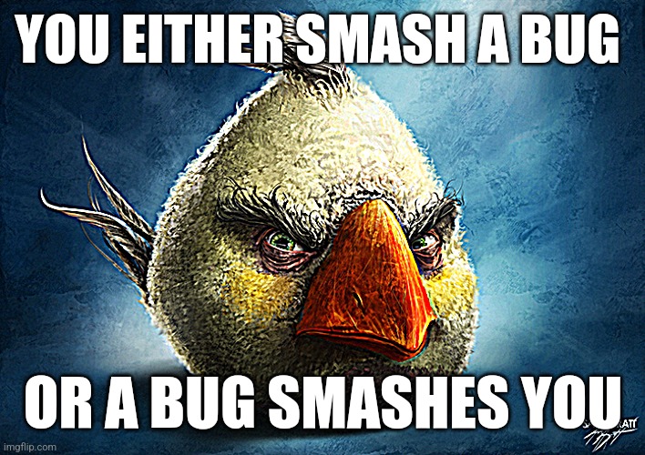 Sus | YOU EITHER SMASH A BUG; OR A BUG SMASHES YOU | image tagged in realistic angry bird mathilda | made w/ Imgflip meme maker