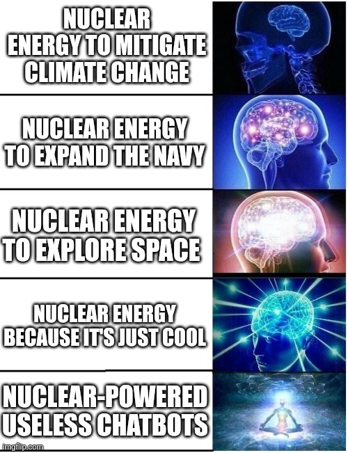 Expanding Brain 5 Panel | NUCLEAR ENERGY TO MITIGATE CLIMATE CHANGE; NUCLEAR ENERGY TO EXPAND THE NAVY; NUCLEAR ENERGY TO EXPLORE SPACE; NUCLEAR ENERGY BECAUSE IT'S JUST COOL; NUCLEAR-POWERED USELESS CHATBOTS | image tagged in expanding brain 5 panel | made w/ Imgflip meme maker