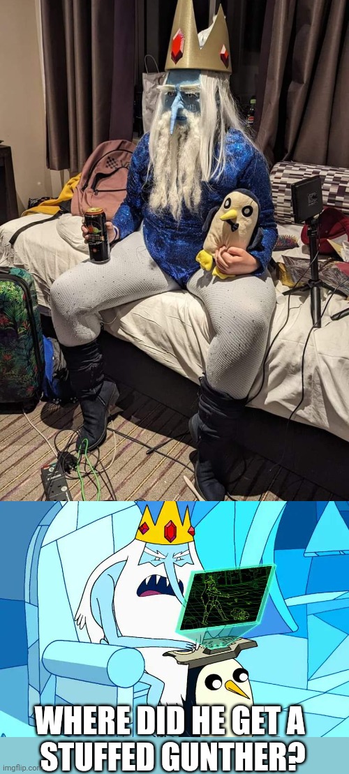 I WANT ONE | WHERE DID HE GET A 
STUFFED GUNTHER? | image tagged in cosplay,adventure time,ice king | made w/ Imgflip meme maker