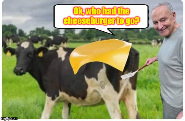 Grill meister Schumer... does cheeseburgers to go...  extra fresh | Ok, who had the cheeseburger to go? | image tagged in grill meister,schumer,cheeseburger on the hoof | made w/ Imgflip meme maker