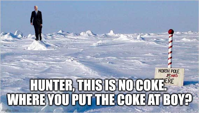 The North Pole | HUNTER, THIS IS NO COKE.  WHERE YOU PUT THE COKE AT BOY? | image tagged in the north pole | made w/ Imgflip meme maker