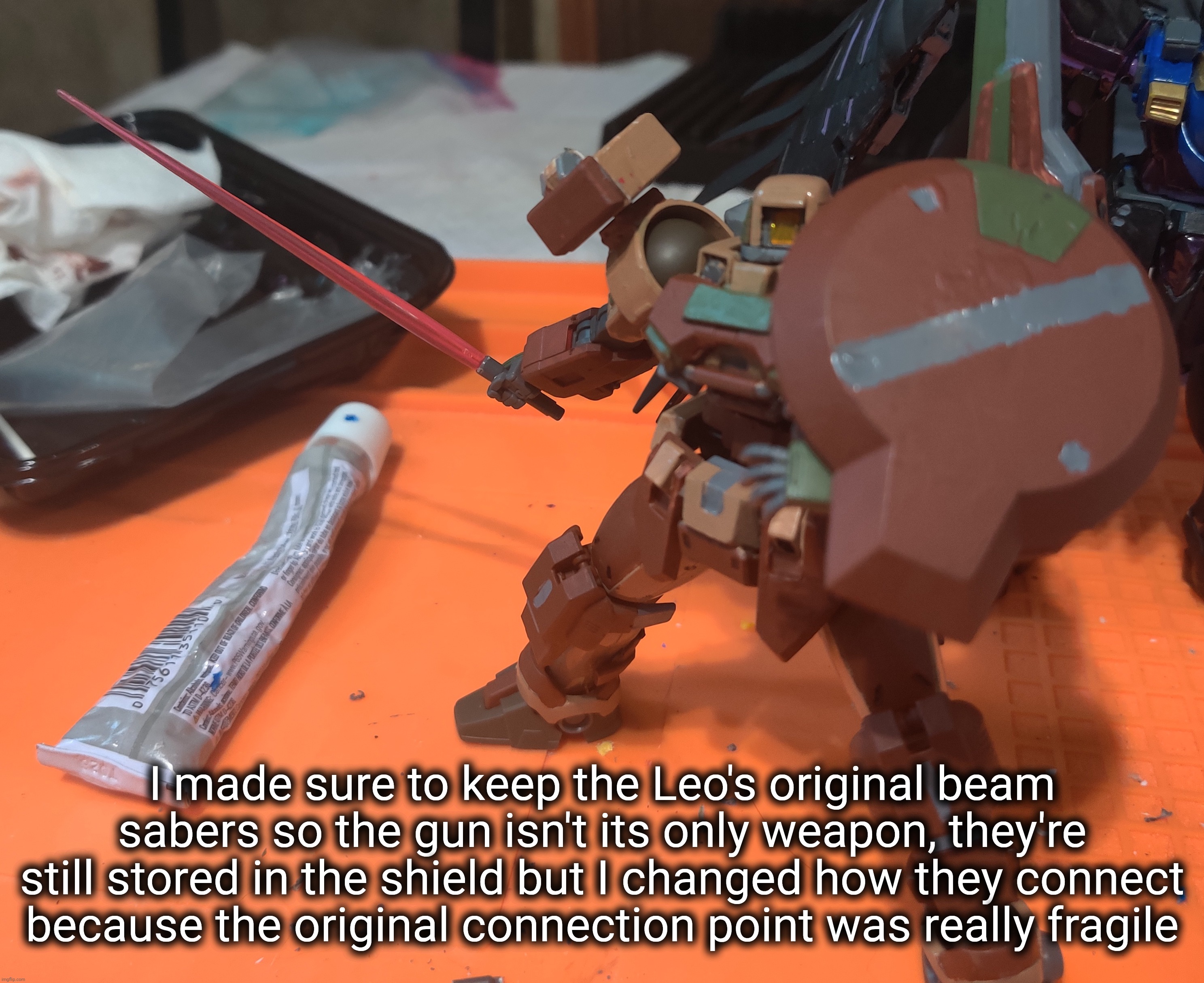 If you thought that big ass gun was its only weapon, you thought wrong >:) | I made sure to keep the Leo's original beam sabers so the gun isn't its only weapon, they're still stored in the shield but I changed how they connect because the original connection point was really fragile | made w/ Imgflip meme maker
