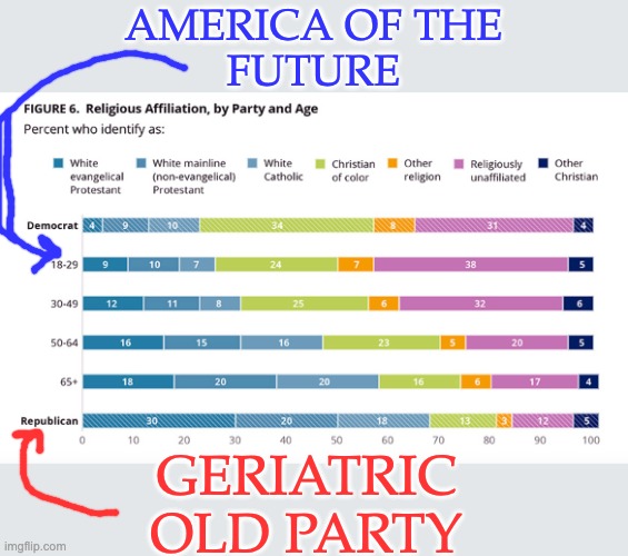 Too much math for the P-stream, just enough for P2 | AMERICA OF THE
FUTURE; GERIATRIC OLD PARTY | image tagged in statistics,demographics,politics,democrats,republicans | made w/ Imgflip meme maker