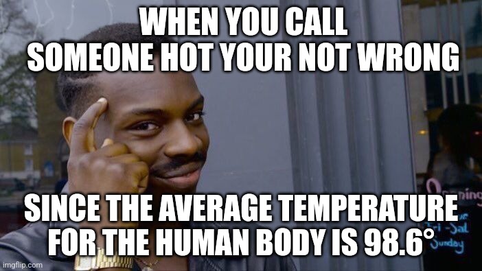 Think about it | WHEN YOU CALL SOMEONE HOT YOUR NOT WRONG; SINCE THE AVERAGE TEMPERATURE FOR THE HUMAN BODY IS 98.6° | image tagged in memes,roll safe think about it | made w/ Imgflip meme maker