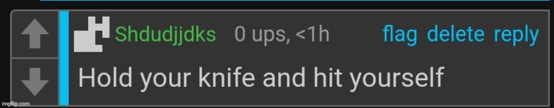 Hold your knife and hit yourself | image tagged in hold your knife and hit yourself | made w/ Imgflip meme maker