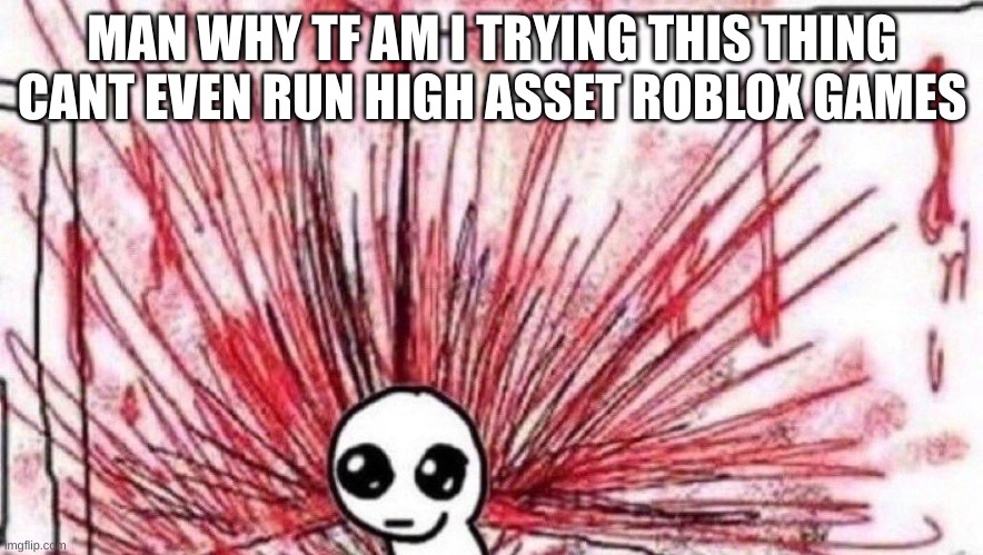 my dumbass | MAN WHY TF AM I TRYING THIS THING CANT EVEN RUN HIGH ASSET ROBLOX GAMES | image tagged in yippee violence | made w/ Imgflip meme maker
