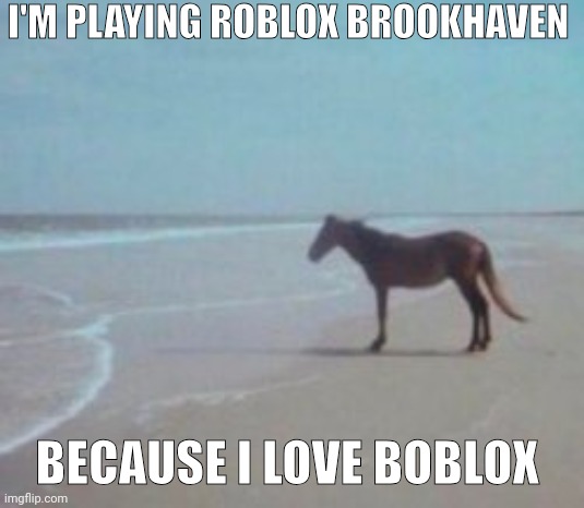Horse on Beach Man | I'M PLAYING ROBLOX BROOKHAVEN; BECAUSE I LOVE BOBLOX | image tagged in horse on beach man | made w/ Imgflip meme maker