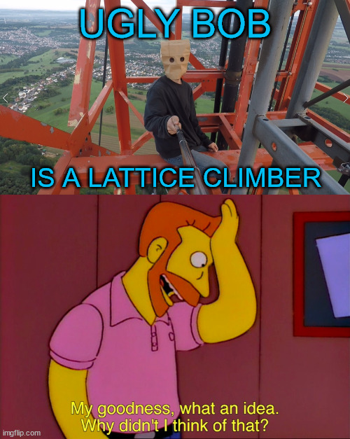 My goodness, what an idea. | UGLY BOB; IS A LATTICE CLIMBER | image tagged in borntoclimb,ugly bob,simpsons,latticeclimbing,south park | made w/ Imgflip meme maker