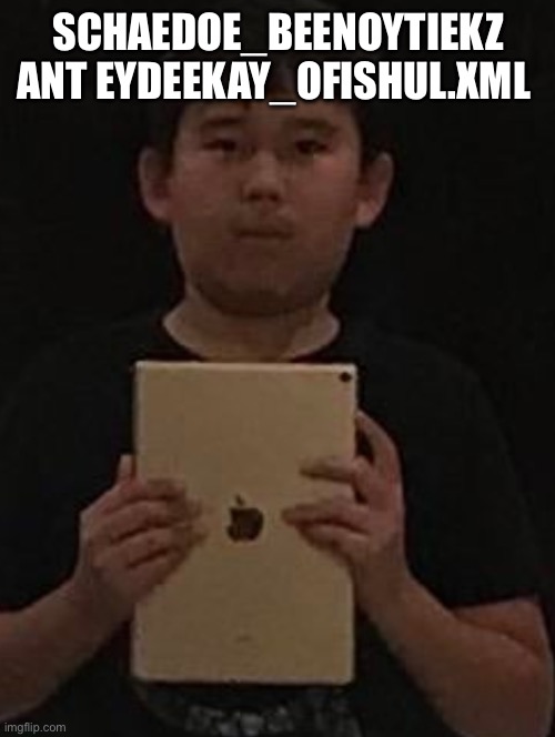 Kid with ipad | SCHAEDOE_BEENOYTIEKZ ANT EYDEEKAY_OFISHUL.XML | image tagged in kid with ipad | made w/ Imgflip meme maker