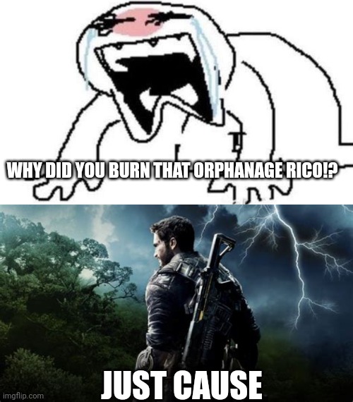 WHY DID YOU BURN THAT ORPHANAGE RICO!? JUST CAUSE | image tagged in ugly crying | made w/ Imgflip meme maker