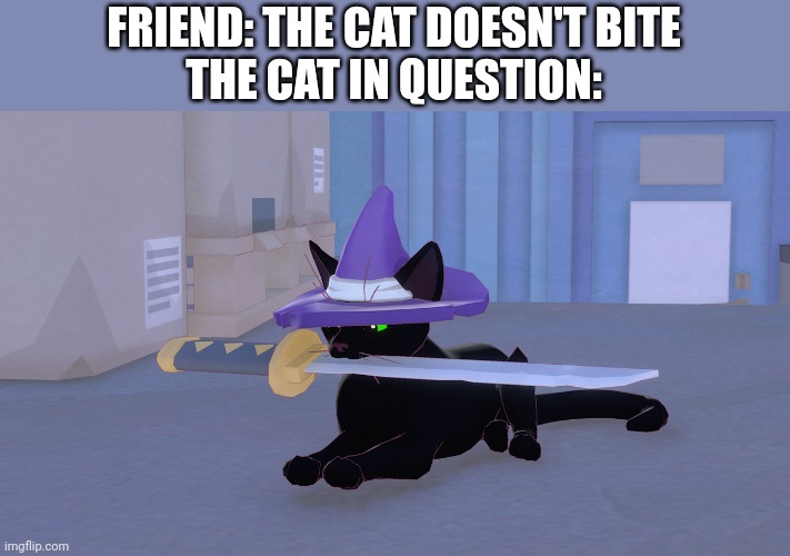 Not do friendly | FRIEND: THE CAT DOESN'T BITE
THE CAT IN QUESTION: | image tagged in cat,katana,witch hat,video game | made w/ Imgflip meme maker