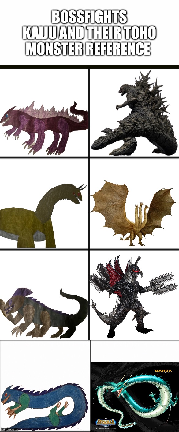 Should I make a Kaiju based on Megalon, SpaceGodzilla, or Destroyah? | BOSSFIGHTS KAIJU AND THEIR TOHO MONSTER REFERENCE | image tagged in table chart,3 x 2 square | made w/ Imgflip meme maker