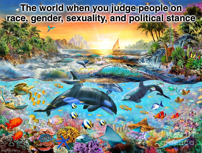 Imperfectly Perfect Paradise I | The world when you judge people on race, gender, sexuality, and political stance | image tagged in imperfectly perfect paradise i | made w/ Imgflip meme maker