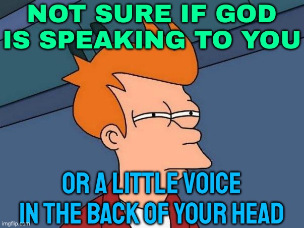 Not Sure If God Is Speaking To You Or A Little Voice In The Back Of Your Head | NOT SURE IF GOD IS SPEAKING TO YOU; OR A LITTLE VOICE IN THE BACK OF YOUR HEAD | image tagged in skeptical fry,god,anti-religion,religion,jesus christ,god religion universe | made w/ Imgflip meme maker