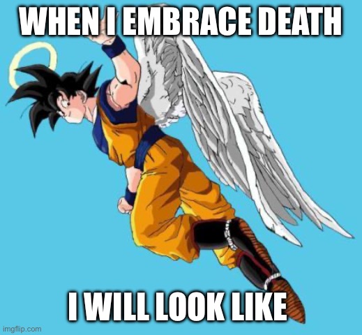 If i die, you stay away from my funeral | WHEN I EMBRACE DEATH; I WILL LOOK LIKE THIS | image tagged in angel goku | made w/ Imgflip meme maker