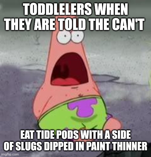 Suprised Patrick | TODDLELERS WHEN THEY ARE TOLD THE CAN'T; EAT TIDE PODS WITH A SIDE OF SLUGS DIPPED IN PAINT THINNER | image tagged in suprised patrick | made w/ Imgflip meme maker