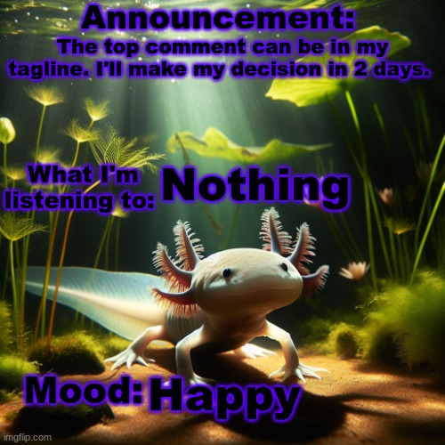 The top comment can be in my tagline. I'll make my decision in 2 days. Nothing; Happy | image tagged in moonranger announcement | made w/ Imgflip meme maker