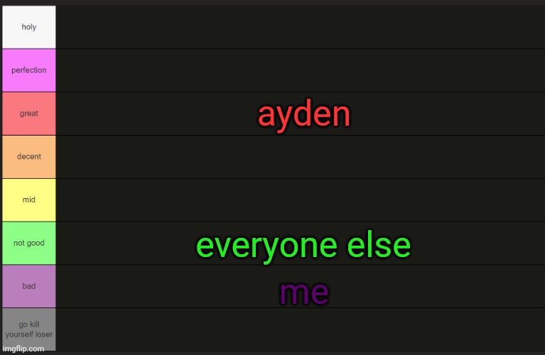 Ayden's tier list | ayden; everyone else; me | image tagged in ayden's tier list | made w/ Imgflip meme maker