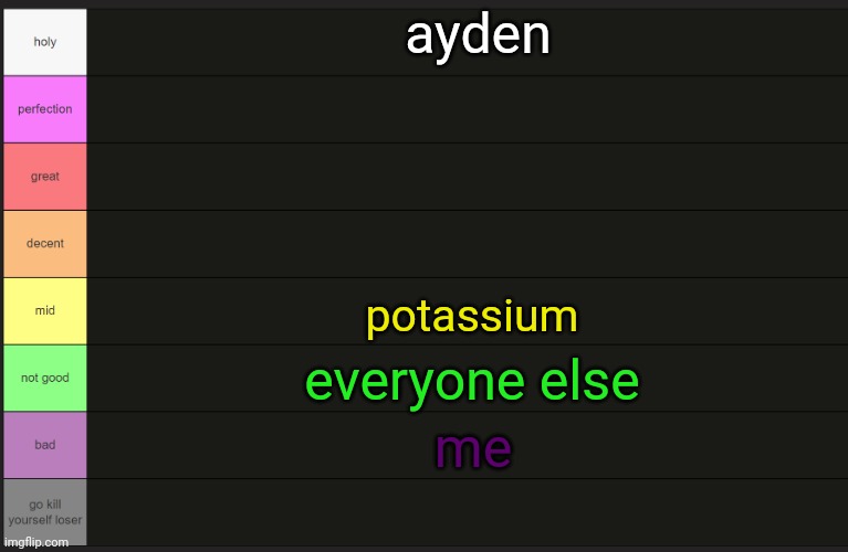 Ayden's tier list | ayden; potassium; everyone else; me | image tagged in ayden's tier list | made w/ Imgflip meme maker