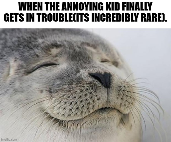 I'm going to be in a lot of trouble on Monday, But I can still have fun with memes! | WHEN THE ANNOYING KID FINALLY GETS IN TROUBLE(ITS INCREDIBLY RARE). | image tagged in memes,satisfied seal | made w/ Imgflip meme maker