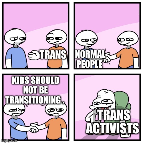 Acquired Tastes | NORMAL PEOPLE; TRANS; KIDS SHOULD NOT BE TRANSITIONING . TRANS ACTIVISTS | image tagged in acquired tastes,transgender | made w/ Imgflip meme maker