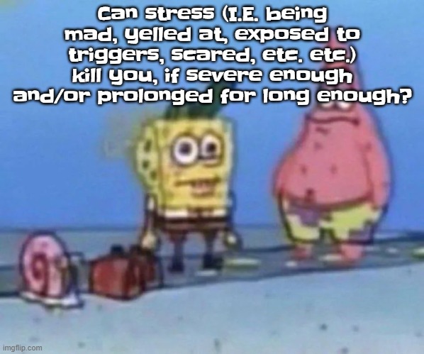 sponge and pat | Can stress (I.E. being mad, yelled at, exposed to triggers, scared, etc. etc.) kill you, if severe enough and/or prolonged for long enough? | image tagged in sponge and pat | made w/ Imgflip meme maker