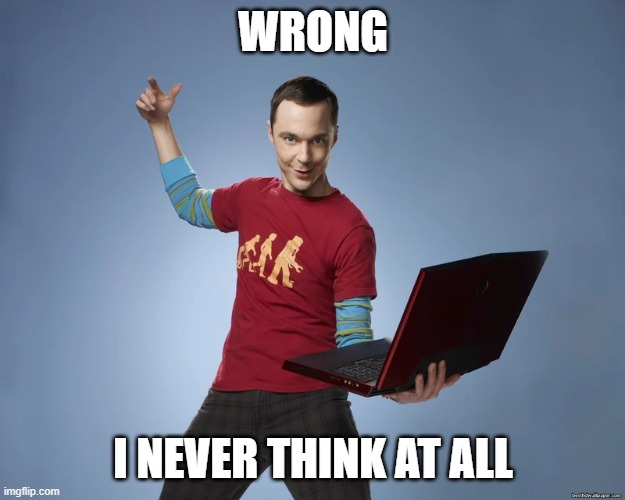 sheldon cooper laptop | WRONG I NEVER THINK AT ALL | image tagged in sheldon cooper laptop | made w/ Imgflip meme maker